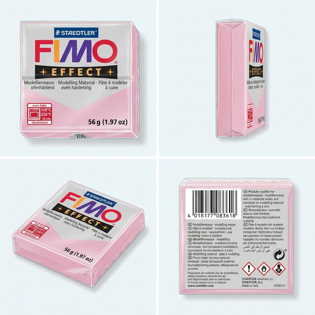 A matrix view displaying the Staedtler Fimo Effect Rose Quartz clay block from varied angles and packaging labels.