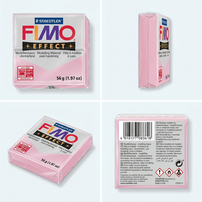 A matrix view displaying the Staedtler Fimo Effect Rose Quartz clay block from varied angles and packaging labels.
