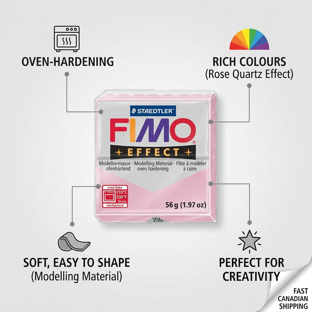 A product image with callouts for STAEDTLER Fimo Effect Rose Quartz clay.