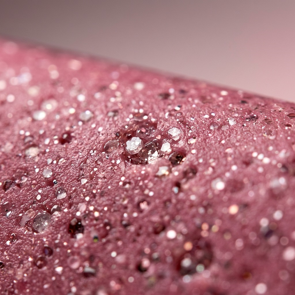 Ultra-close macro photograph of Fimo Effect Rose Quartz surface, showcasing embedded glitter and crystalline particles.