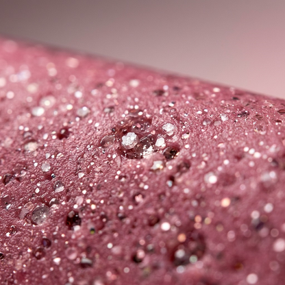 Ultra-close macro photograph of Fimo Effect Rose Quartz surface, showcasing embedded glitter and crystalline particles.