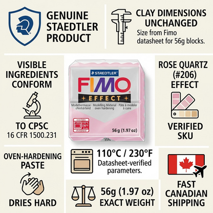 Trust and authority infographic for STAEDTLER Fimo Effect Rose Quartz, featuring key factual cues and icons.