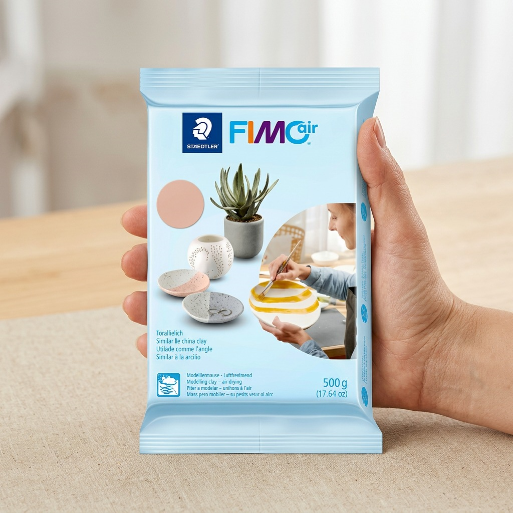 Size reference of Fimoair 500g clay held in an adult female hand, providing clear context.