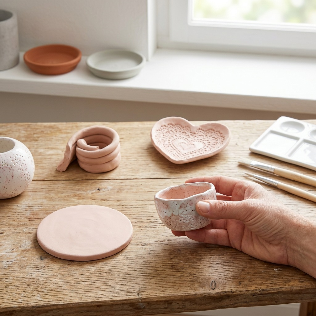 A hand-painted small ceramic bowl sits next to a package of Fimoair clay and paintbrushes on a wooden workshop table, demonstrating its air-drying capabilities and finished results.