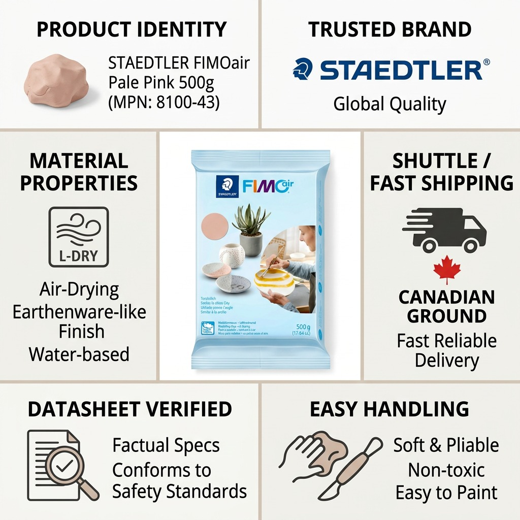 A clean ecommerce infographic featuring the STAEDTLER Fimoair 500g Pale Pink pack, simple feature icons, and text: Factual Cues, Fast Canadian Shipping.