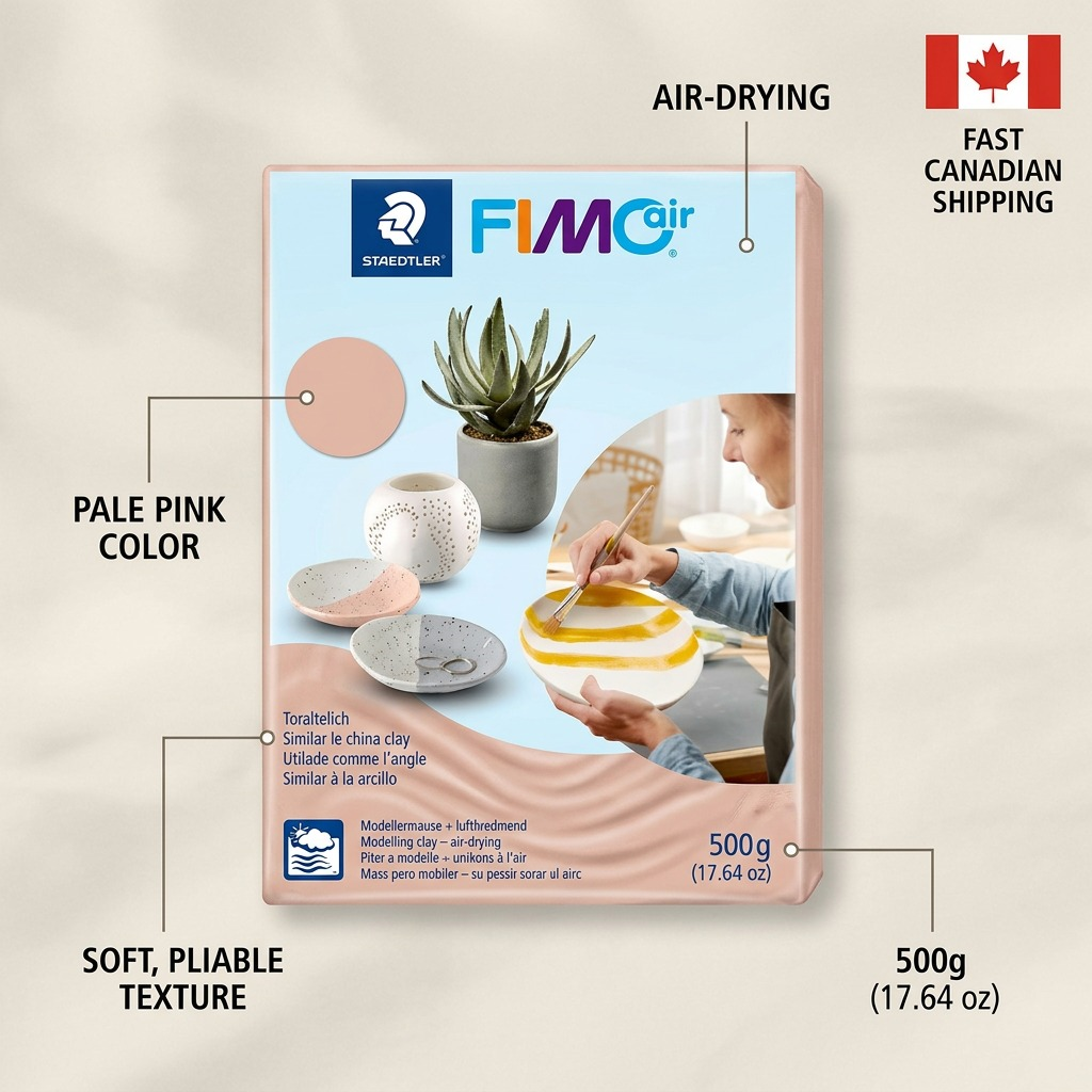 Feature callout graphic of the FIMOair Pale Pink block with pointers specifying: "AIR-DRYING" to its use without heating, "PALE PINK COLOR" for vibrant results, and "SOFT TEXTURE" for easy molding. A Canadian shipping truck graphic is included.