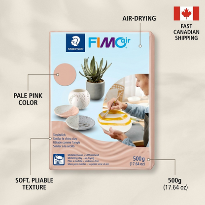 Feature callout graphic of the FIMOair Pale Pink block with pointers specifying: "AIR-DRYING" to its use without heating, "PALE PINK COLOR" for vibrant results, and "SOFT TEXTURE" for easy molding. A Canadian shipping truck graphic is included.