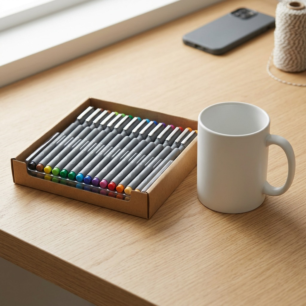 STAEDTLER brush set displayed beside a standard coffee mug and phone for scale visualization.