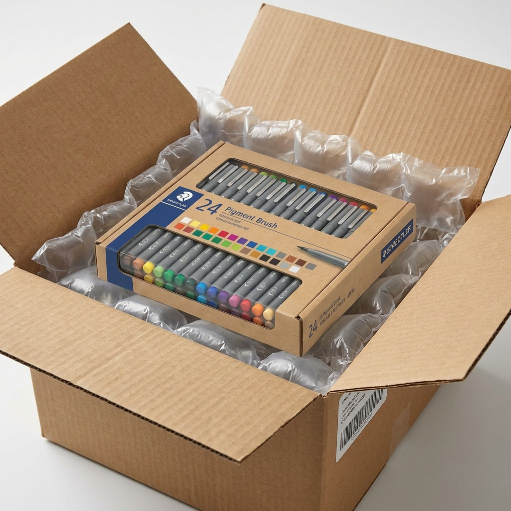 A photo of the STAEDTLER set of 24 pigment brush markers, as-is, safe in a shipping carton with air cushions.