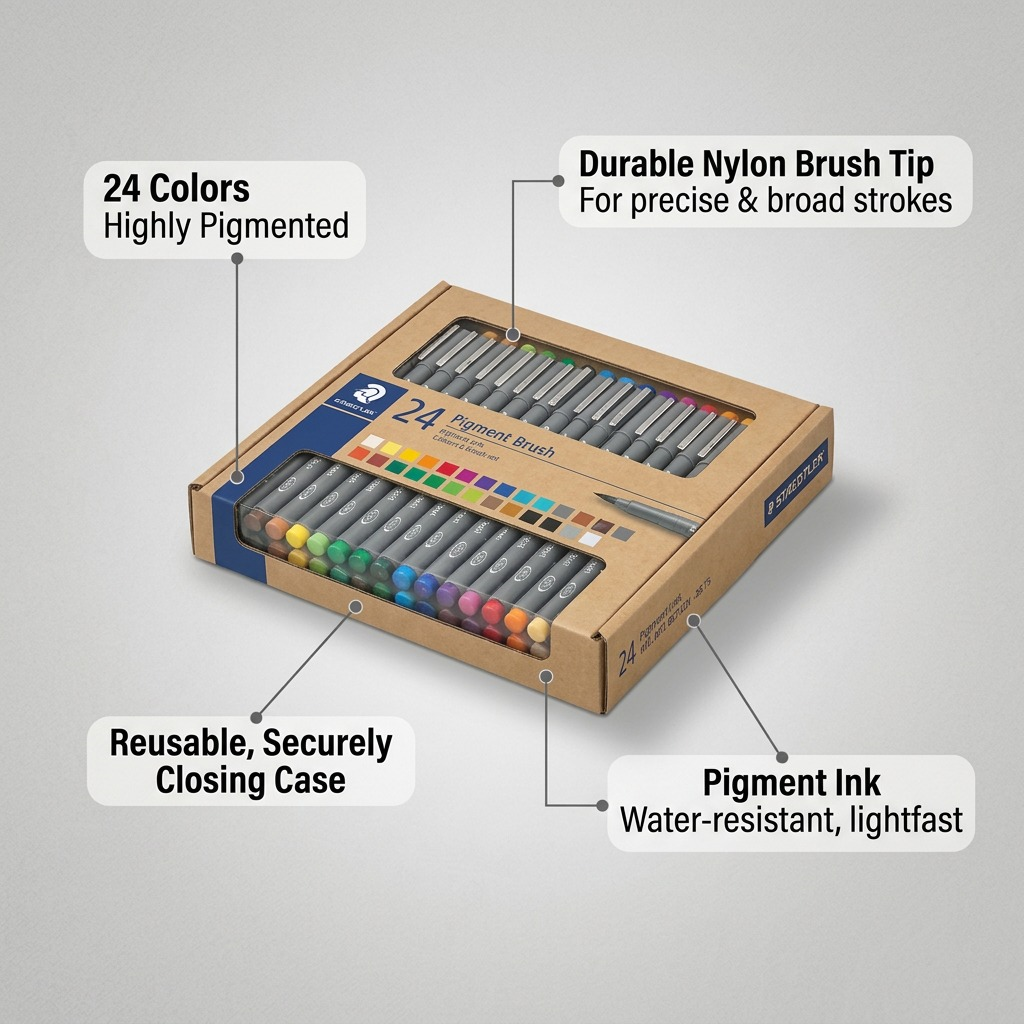 A professional feature-callout image displaying the STAEDTLER set with lines to its key features.