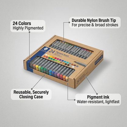A professional feature-callout image displaying the STAEDTLER set with lines to its key features.