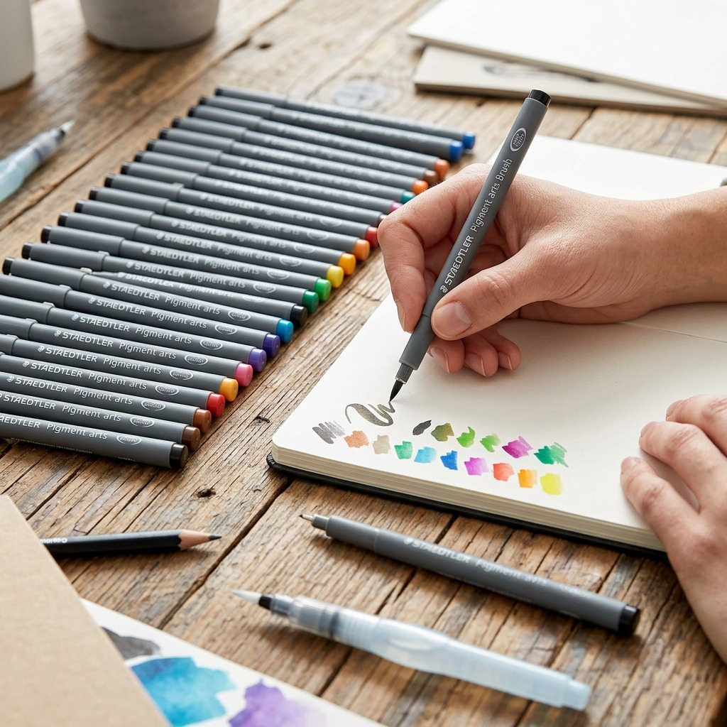 A lifestyle image shows an artist using STAEDTLER Pigment arts Brush pens from the set of 24 to sketch on a journal, on a natural wood desk.