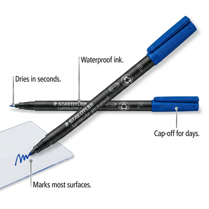 Callout image highlighting features of the STAEDTLER permanent marker: quick-drying, waterproof ink, multi-surface use.