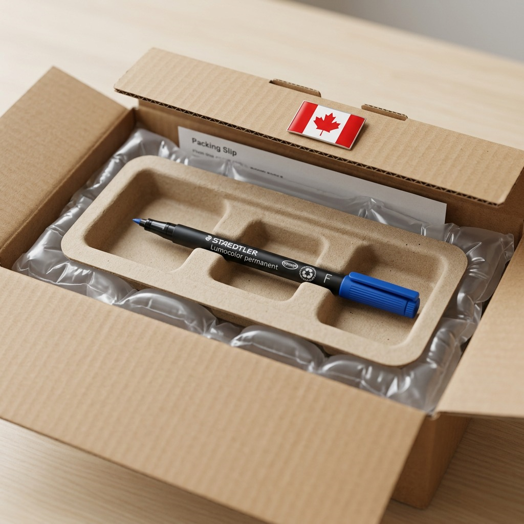STAEDTLER Lumocolor permanent pen resting within a custom-molded tray, inside a sturdy cardboard shipping box with air cushions.