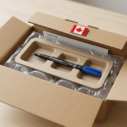 STAEDTLER Lumocolor permanent pen resting within a custom-molded tray, inside a sturdy cardboard shipping box with air cushions.