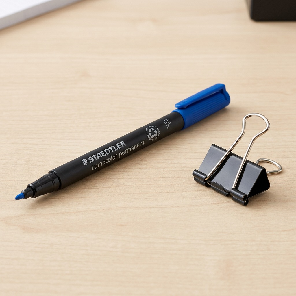 The Staedtler Lumocolor Permanent blue marker shown beside a common binder clip for scale comparison.
