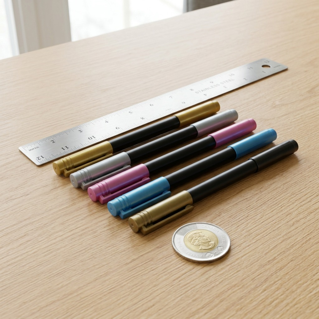 A scale comparison image shows the STAEDTLER Metallic Calligraphy markers next to a standard 12-inch ruler and Canadian loonie coin.