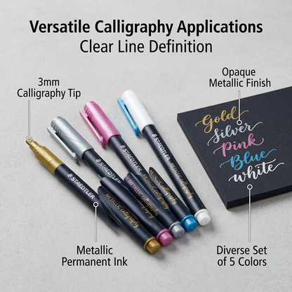 Ecommerce infographic matrix image calling out key features of the STAEDTLER Metallic Calligraphy marker set from image_0.png, with pointers to metallic finish, square tip, water-based ink, and diverse color selection, all on a clean light gray background.