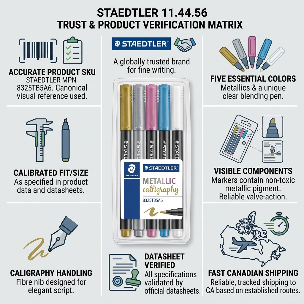 A product informational infographic matrix showcasing the STAEDTLER Metallic Calligraphy set with factual icons and descriptions.