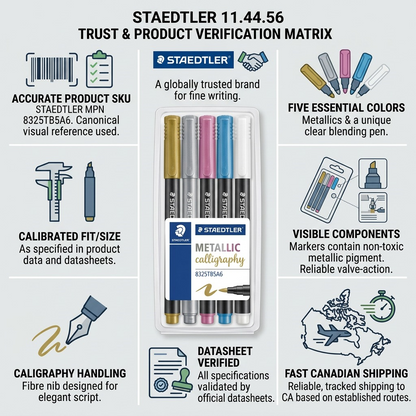 A product informational infographic matrix showcasing the STAEDTLER Metallic Calligraphy set with factual icons and descriptions.