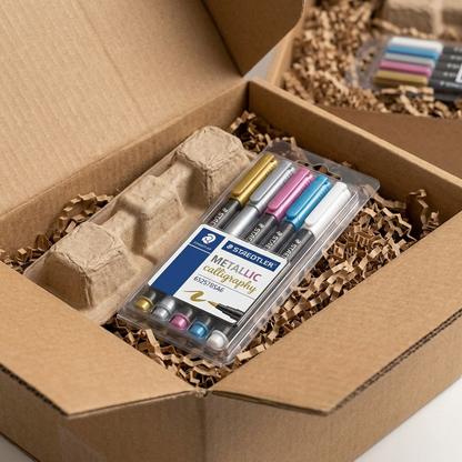 A close-up shot of the Staedtler pen set (8325TB5A6) is shown neatly nestled and protected within high-quality dunnage in an open, sturdy brown corrugated cardboard shipping box. The package is clearly intact and secure.