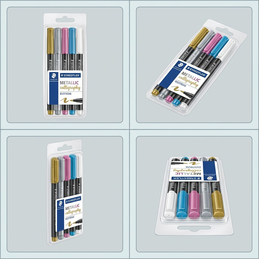 A premium ecommerce matrix visual showing four identical STAEDTLER Metallic Calligraphy marker packs from different clean angles against a brand-aligned background.