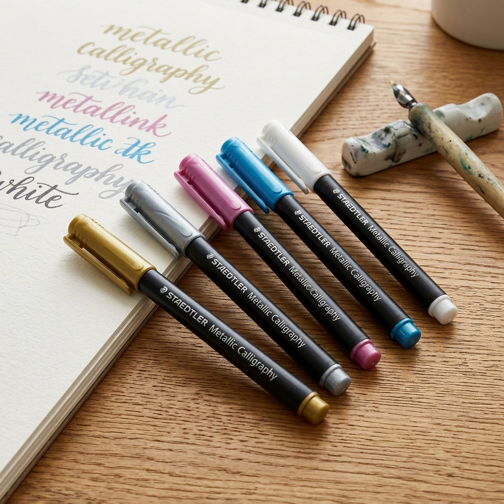 Lifestyle shot: Five STAEDTLER Metallic Calligraphy markers on a wood desk with sketchpad and calligraphy work.