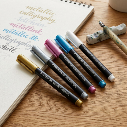 Lifestyle shot: Five STAEDTLER Metallic Calligraphy markers on a wood desk with sketchpad and calligraphy work.