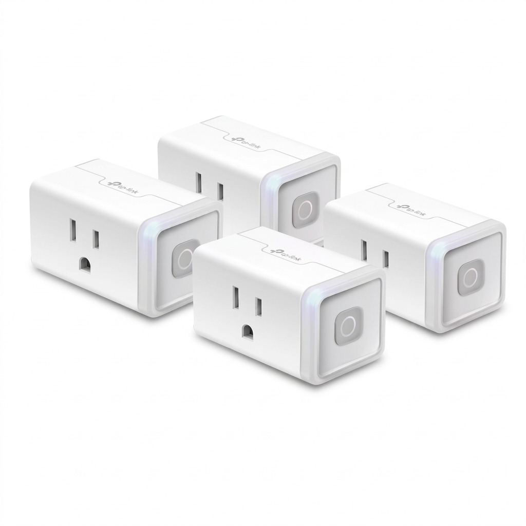 A high-resolution product shot of four TP-Link Kasa Smart Wi-Fi Plug Lite units, identical to image_0.png, arranged neatly on a seamless white background.