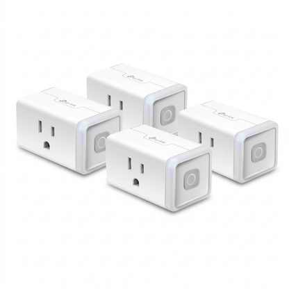 A high-resolution product shot of four TP-Link Kasa Smart Wi-Fi Plug Lite units, identical to image_0.png, arranged neatly on a seamless white background.