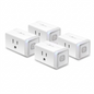 A high-resolution product shot of four TP-Link Kasa Smart Wi-Fi Plug Lite units, identical to image_0.png, arranged neatly on a seamless white background.