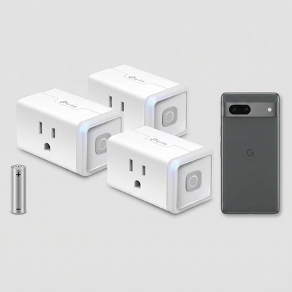 Scale reference photo: A 4-pack of HS103P4 Smart Plug Lites with a smartphone and AA battery.