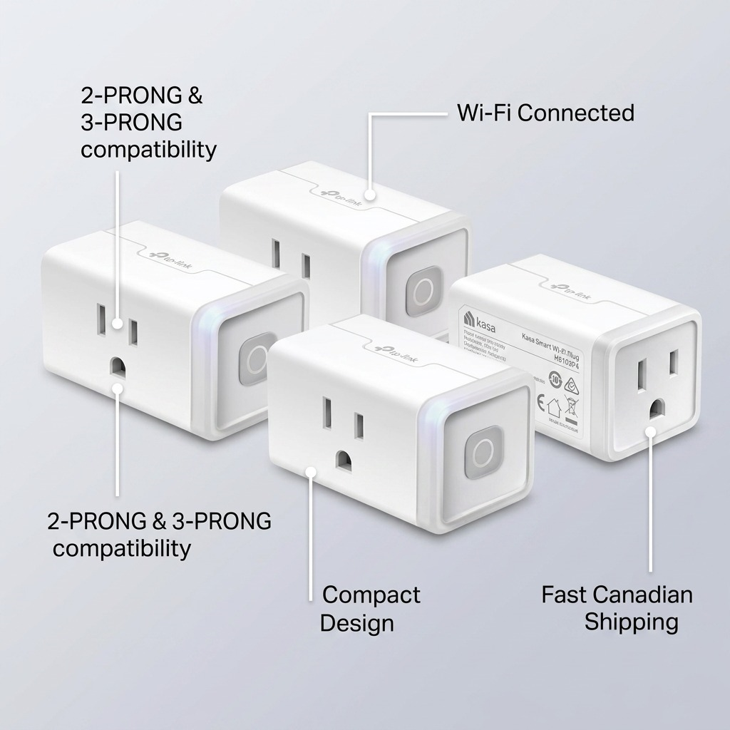 Infographic of TP-Link Kasa smart plugs highlighting Wi-Fi connectivity and compact design.