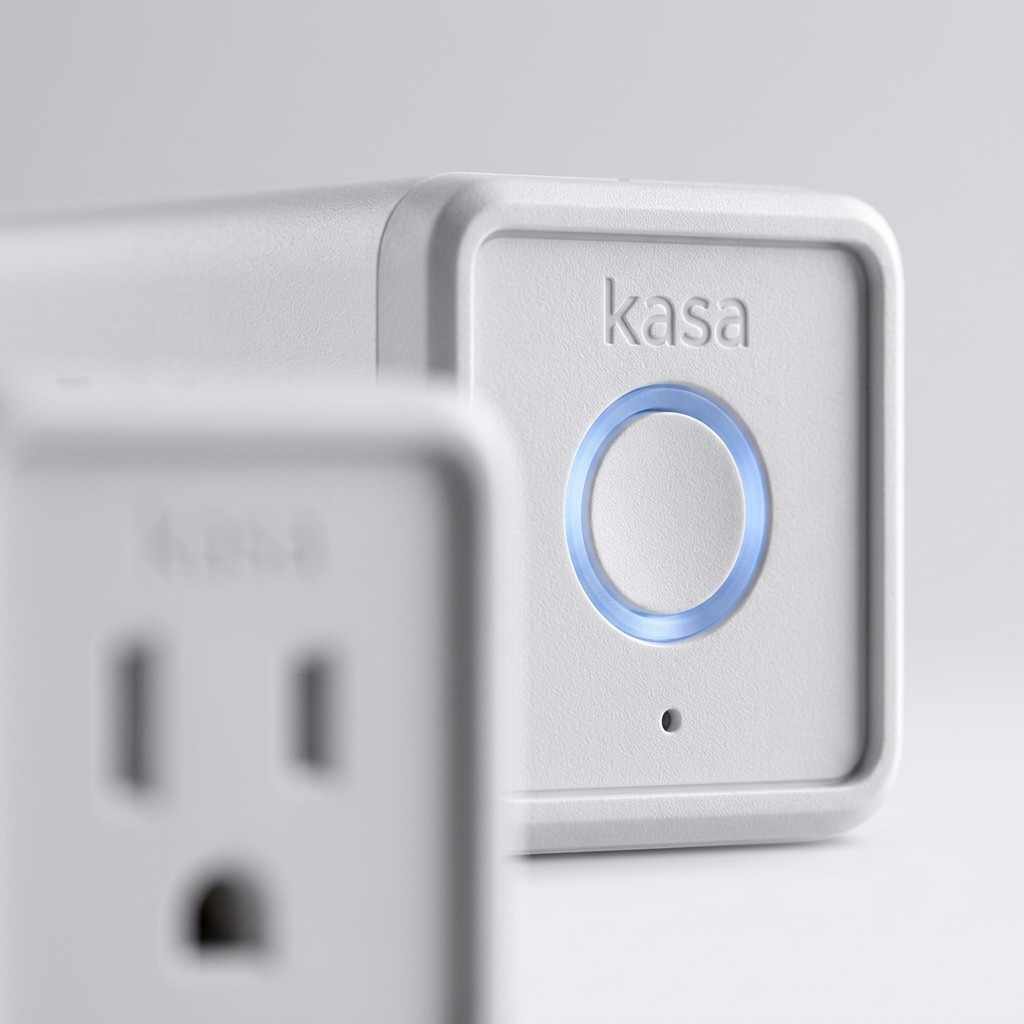 Macro texture and LED ring on two TP-Link Kasa Smart Wi-Fi Plugs Lite.