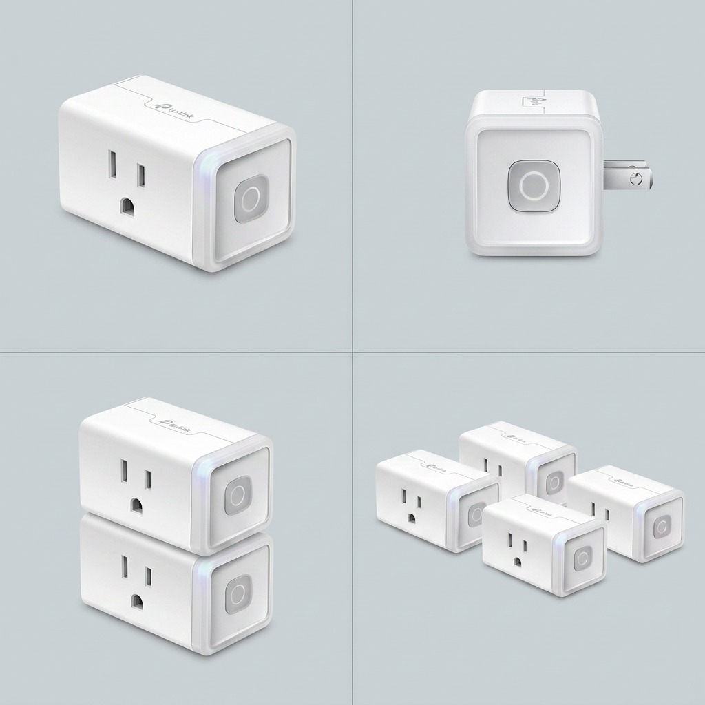 A 2x2 product image matrix displaying the TP-Link Kasa Smart Plug in varying configurations and angles.
