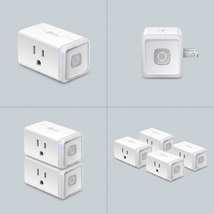 A 2x2 product image matrix displaying the TP-Link Kasa Smart Plug in varying configurations and angles.