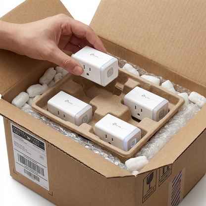 A product matrix image showing 4 HS103P4 smart plugs nestled securely in a protective box with bubble wrap and a partial view of a Canada Post shipping label, demonstrating unboxing confidence.