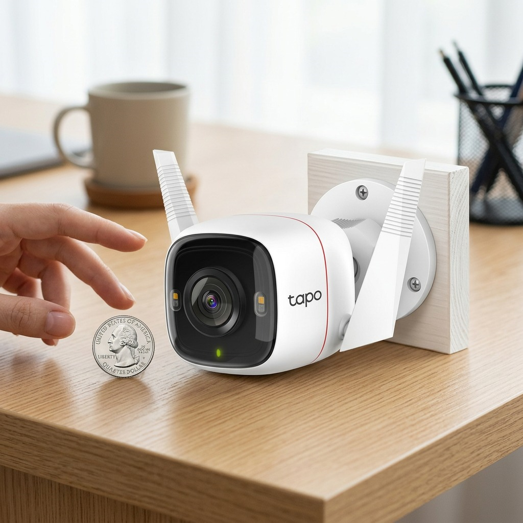 TP-Link Tapo-C320WS outdoor camera compared for size against a US quarter dollar on a wooden desk.