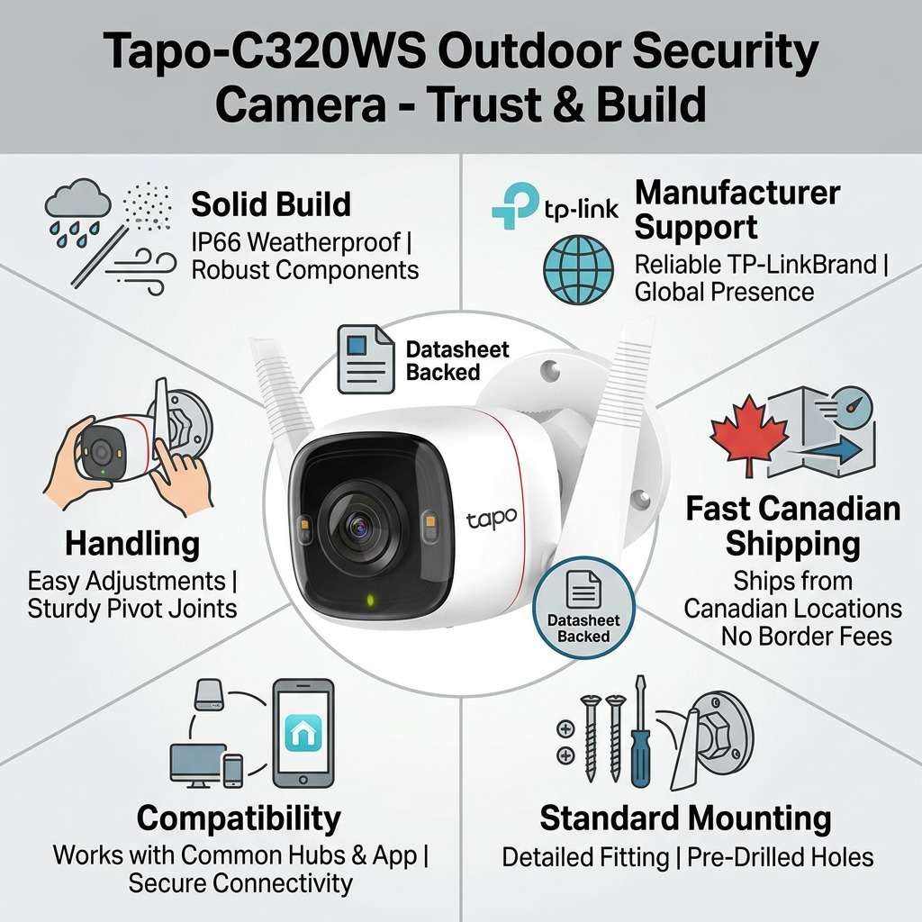 Tapo-C320WS Outdoor Security Camera trust and authority infographic. Shows solid build, Canadian shipping, and supports.
