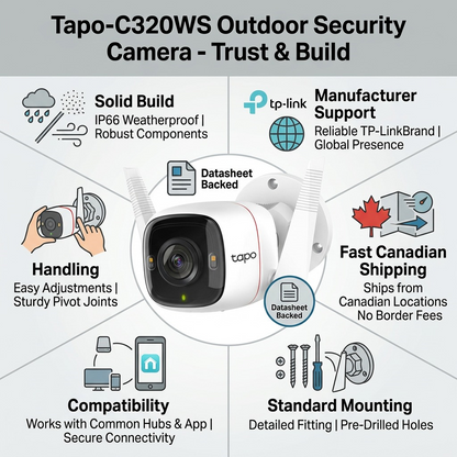 Tapo-C320WS Outdoor Security Camera trust and authority infographic. Shows solid build, Canadian shipping, and supports.