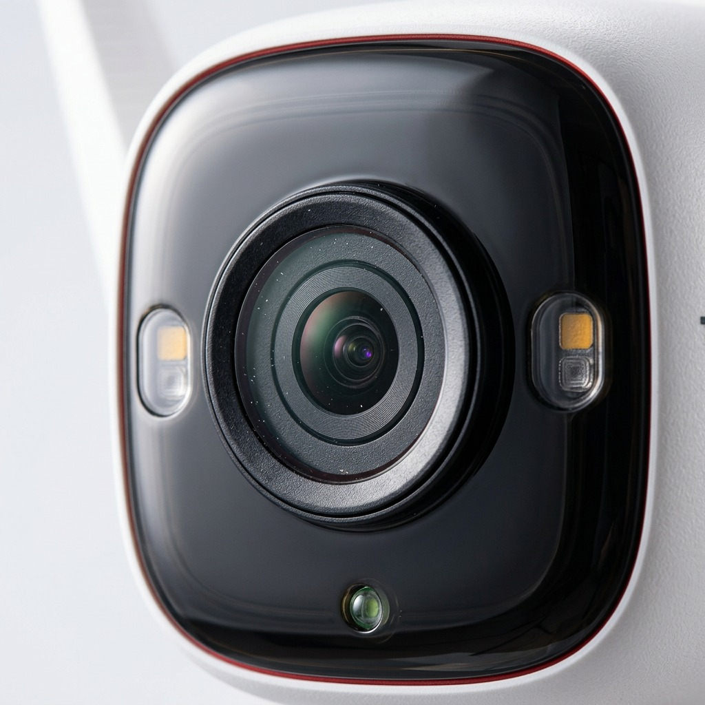 Extreme macro view of the Tapo C320WS's lens, status LED, and red trim collar detail.