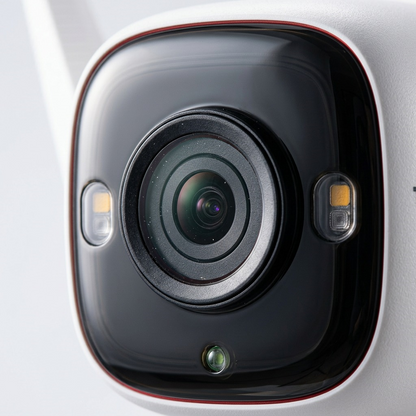 Extreme macro view of the Tapo C320WS's lens, status LED, and red trim collar detail.