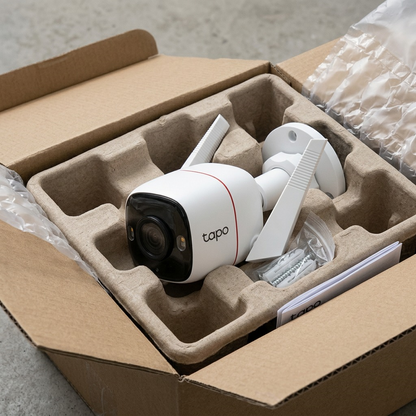 A photograph of the unboxed Tapo C320WS outdoor camera resting with its original nested protective cardboard.