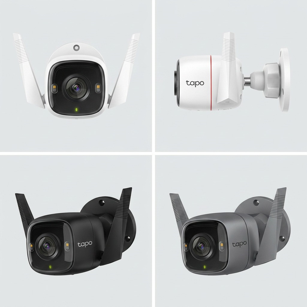 A grid showing the e-commerce camera in four variants: white, black, and two shades of grey.
