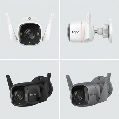 A grid showing the e-commerce camera in four variants: white, black, and two shades of grey.