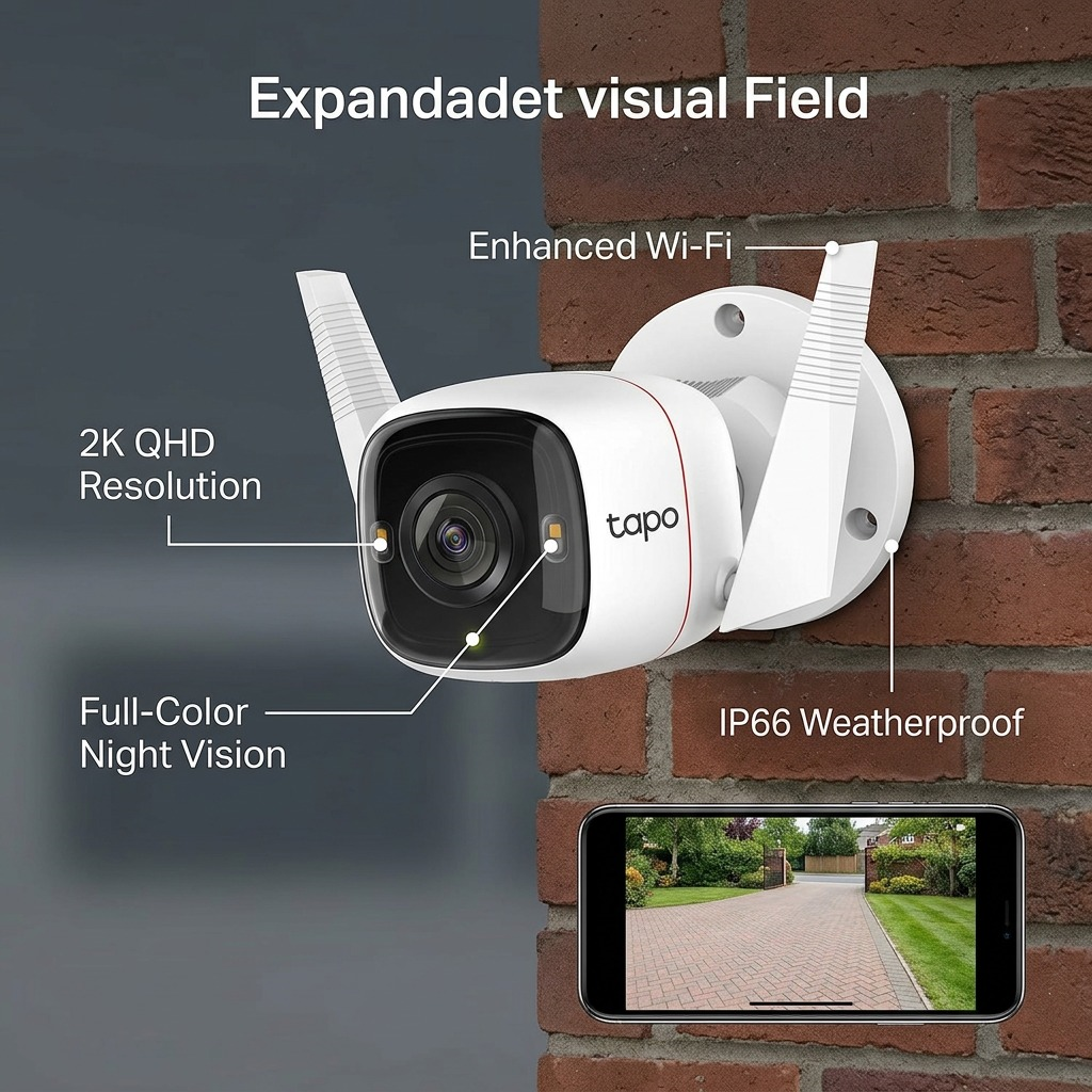 Tapo C320WS security camera features: 2K resolution, full-color night vision, IP66 waterproof and outdoor mounting visual.