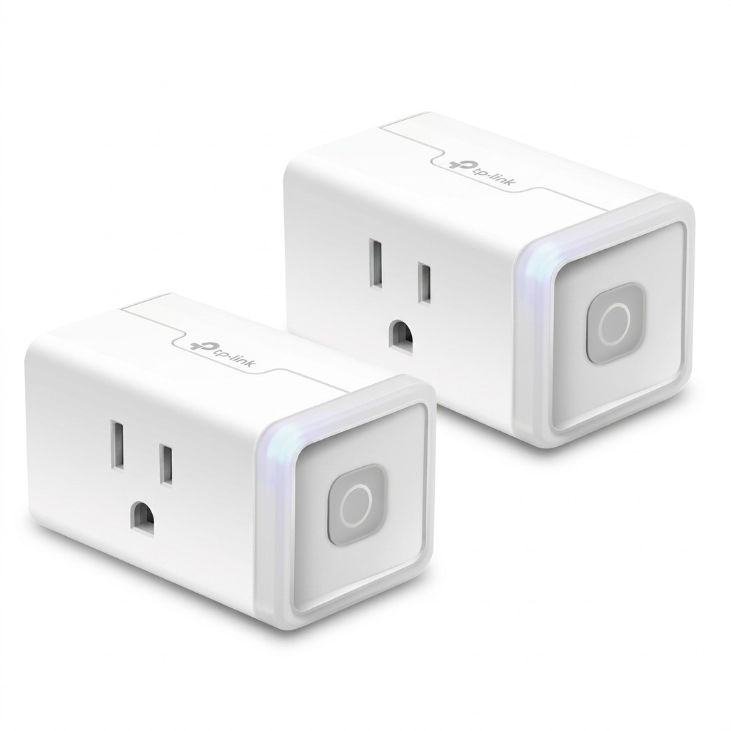 A detailed high-resolution product photograph of two TP-Link Kasa Smart Wi-Fi Plug Lite HS103 smart plugs, floating side-by-side with realistic shadows against a clean, brilliant white background. Both show the correct 3-prong North American sockets and integrated power buttons with status indicators, exactly as featured in the reference image.