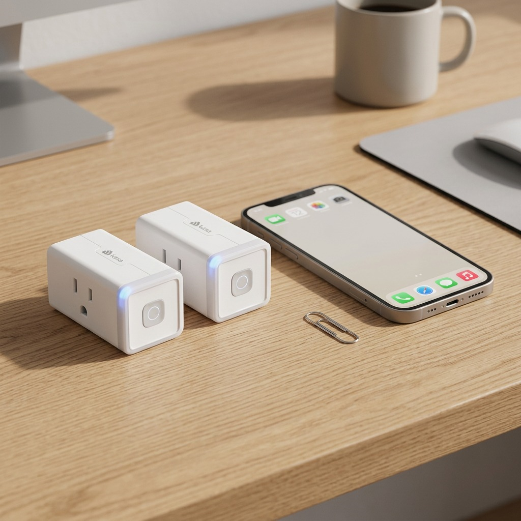 A size comparison shot: two small white Kasa smart plugs beside a smartphone and coffee mug on a wooden desk.