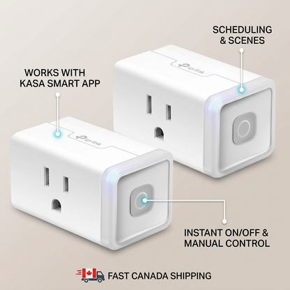 TP-Link Kasa Smart Plugs Feature Graphic: On/Off, App, Schedules, Fast Shipping.