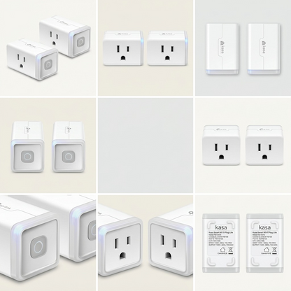 A 3x3 product matrix showcasing a TP-Link 2-pack Wi-Fi smart plug kit from various angles.